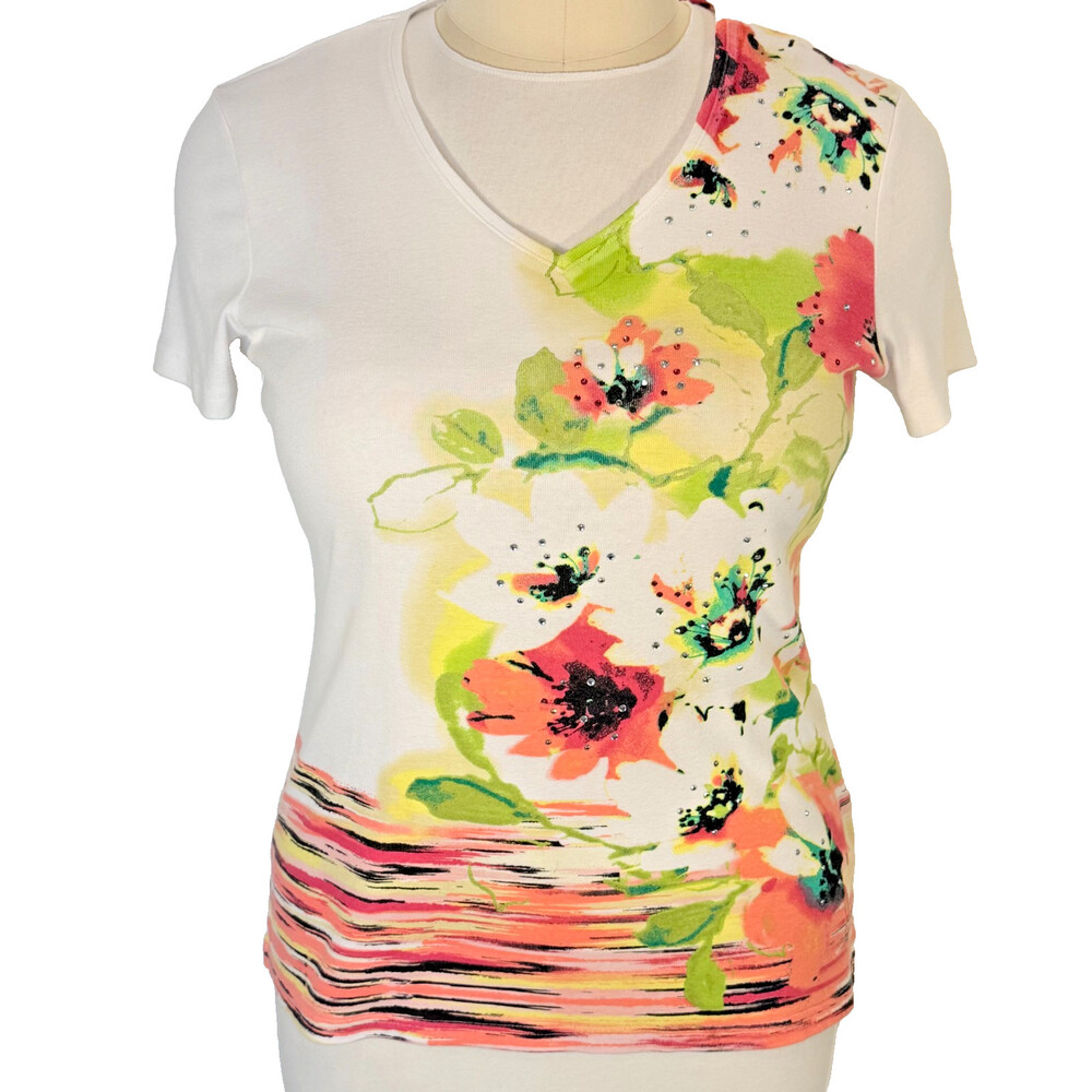 Karen Scott Tee Shirt Top Women's L Floral Watercolor Print V Neck Beaded